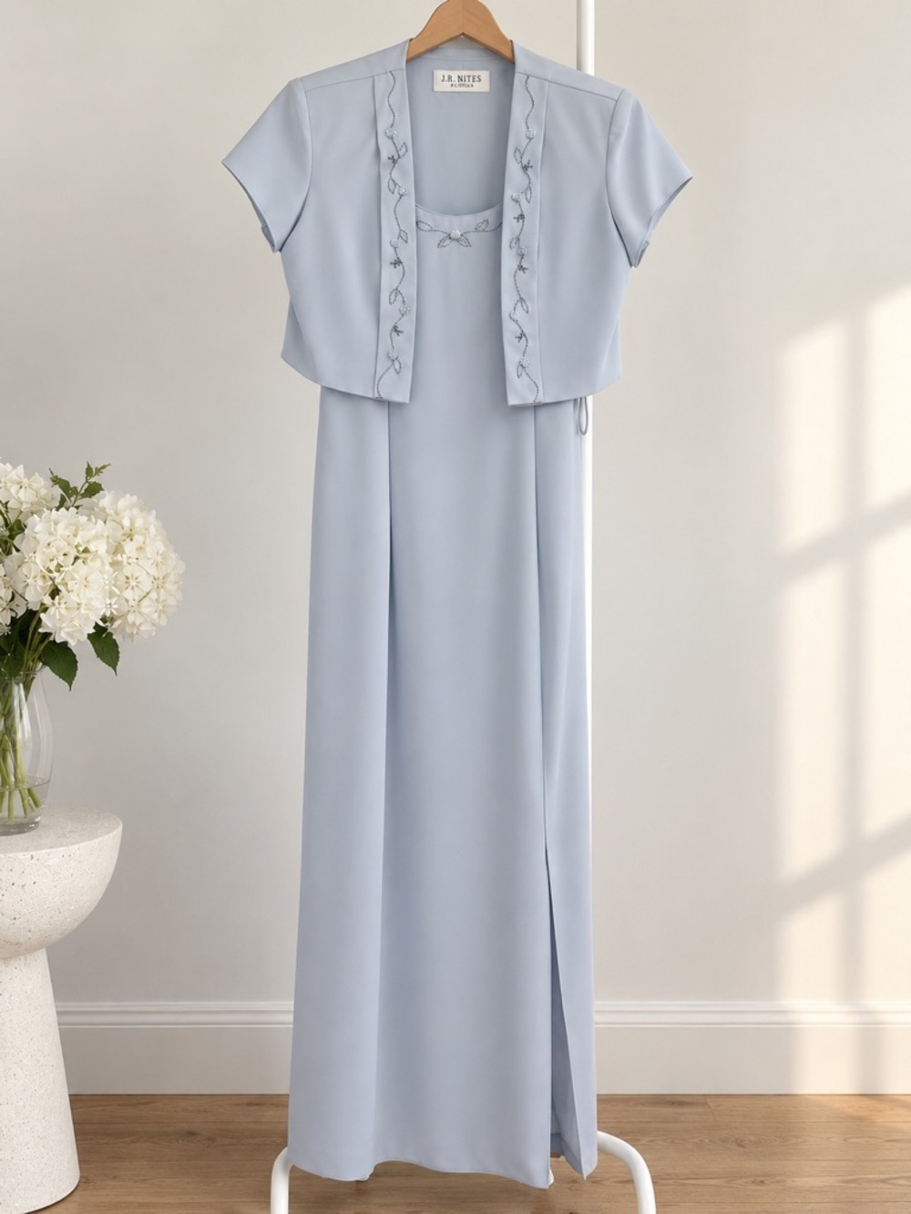 Vintage Women's J.R. Nites by Caliendo Light Blue Embroidered Two-Piece Dress 12